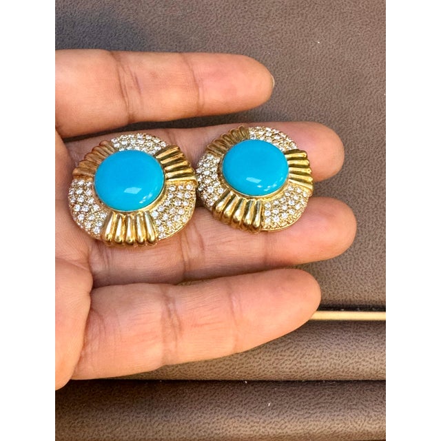 16 Ct Oval Sleeping Beauty Turquoise 3 ct Diamond Stud Earrings 14 K Yellow Gold For Sale - Image 4 of 18