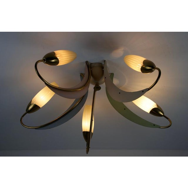 Cream Mid-Century Brass and Glass 5-Arm Sputnik Chandelier, Germany, 1960s For Sale - Image 8 of 12