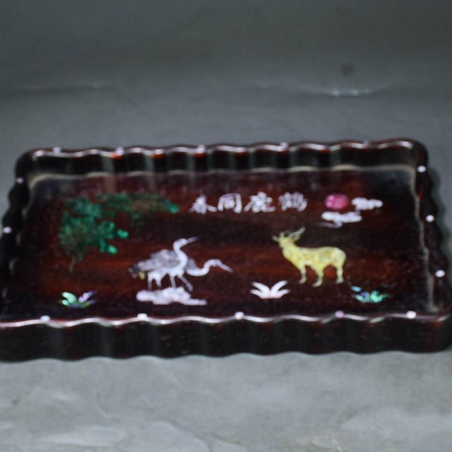 Scalloped Wooden Tray With Mother-of-Pearl Deer and Crane Inlay For Sale In Los Angeles - Image 6 of 8