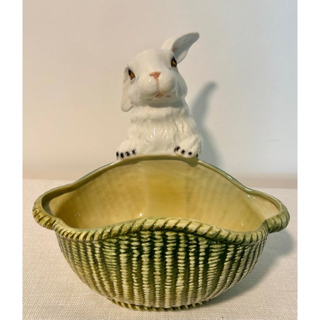 Mid-Century Modern Mid 20th Century Large Italian Gump’s Porcelain Rabbit With Basketweave Bowl For Sale - Image 3 of 7