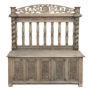 19th Century French Renaissance Barley Twist Stripped Oak Hall Bench Trunk For Sale