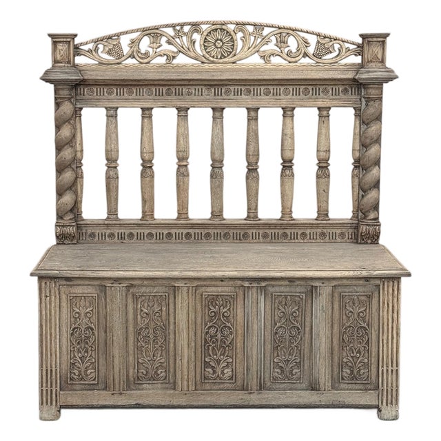 19th Century French Renaissance Barley Twist Stripped Oak Hall Bench Trunk For Sale