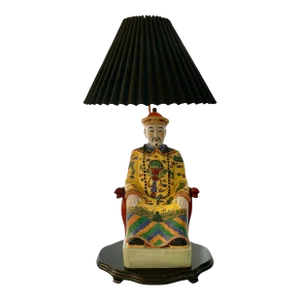 Late 20th Century Lamp Sitting Emperor Large Porcelain Oriental Figurine With Shade on Wooden Base