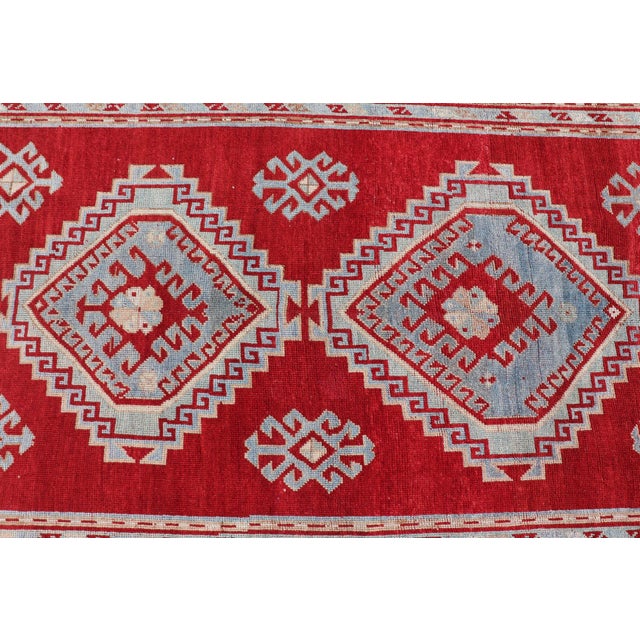 Antique Caucasian Kazak Gallery Rug in Brilliant Red With Geometric Design 5'0 X 11'0 For Sale - Image 9 of 12
