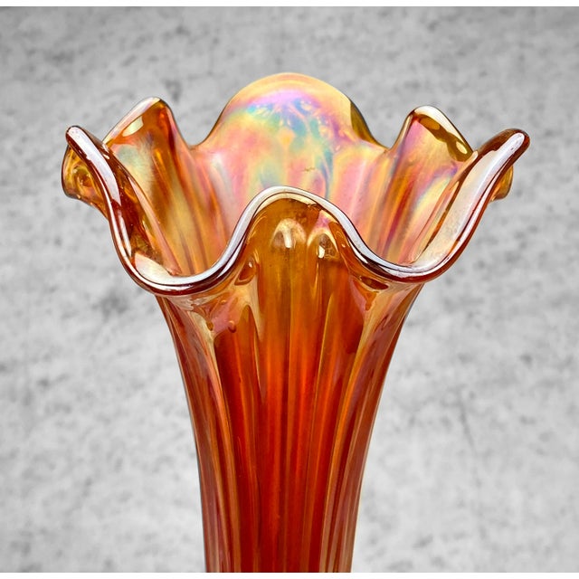 Mid-Century Modern Mid-Century Large Marigold Orange Iridescent Carnival Art Glass Swung Vase For Sale - Image 3 of 7
