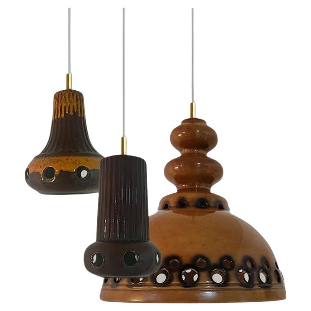 Brown Glazed Ceramic Pendant Lights, Germany, 1970s, Set of 3 For Sale
