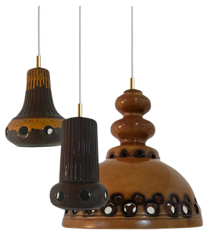 Brown Glazed Ceramic Pendant Lights, Germany, 1970s, Set of 3