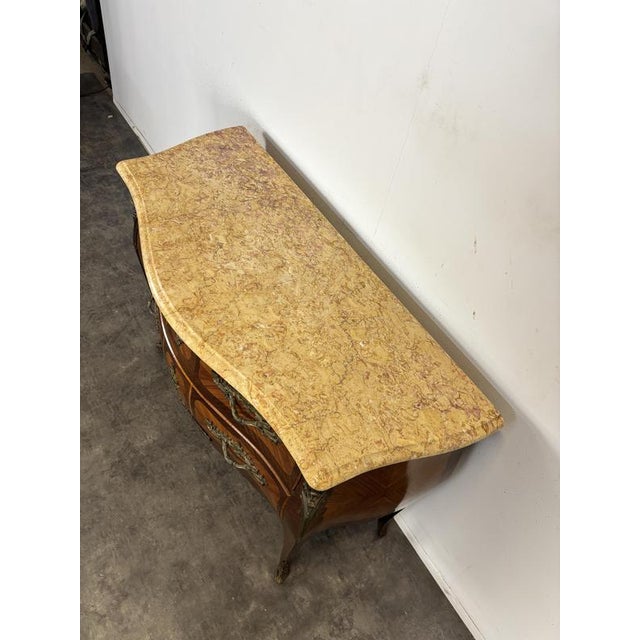 Louis XV Style Bombé Commode with Marquetry and Marble Top by R. Bacchin For Sale - Image 6 of 8