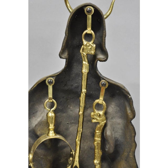 Vintage Scandanavian Viking Soldier Figure Solid Brass Fireplace Tool Set For Sale - Image 12 of 17