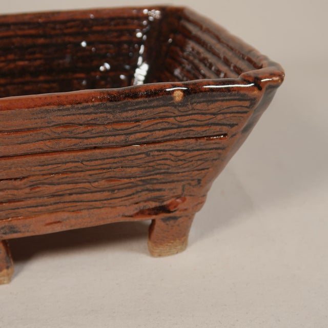 Early 21st Century Handbuilt Ceramic Vessel With Square Form on Raised Feet With Carved Linear Texture For Sale - Image 5 of 14