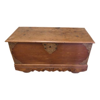 Carved Elm Coffer with Pierced Brass Decoration For Sale