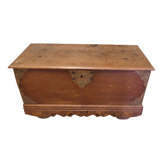 Carved Elm Coffer with Pierced Brass Decoration For Sale