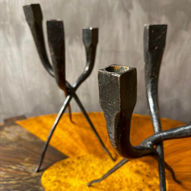Metal Mid 20th Century Pair of Iron Brutalist Candelabra For Sale - Image 7 of 18