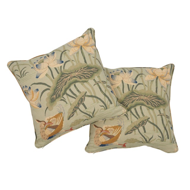 Japanese Japanese Schumacher Lotus Garden Pillow in Aqua For Sale - Image 3 of 7