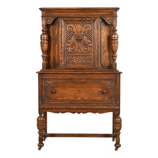 Bernhardt Furniture Antique English Jacobean Carved Oak Bar Cabinet, Circa 1930s For Sale
