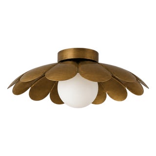 Brass Flower Ceiling Light, Mid Century Modern Flush Mount Light, Daisy Ceiling Lamp, Frosted Glass Globe Fixture For Sale