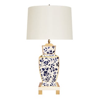 Matthew Izzo Home Bianca Handpainted Metal Tole Table Lamp. Vine Design With Brass Base and Linen Shade For Sale