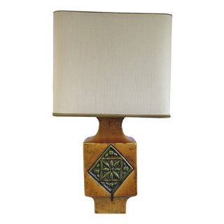 Mustard Yellow Glazed Ceramic Lamp with Floral Diamond Pattern, Vallauris, France, 1960s For Sale