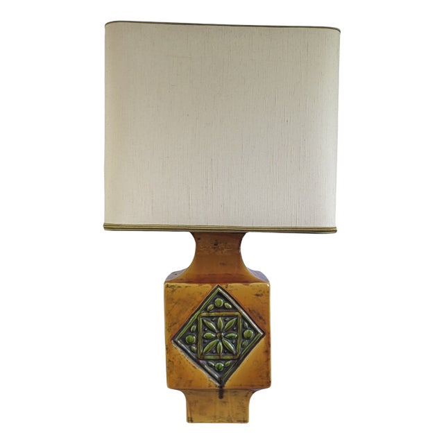 Mustard Yellow Glazed Ceramic Lamp with Floral Diamond Pattern, Vallauris, France, 1960s For Sale