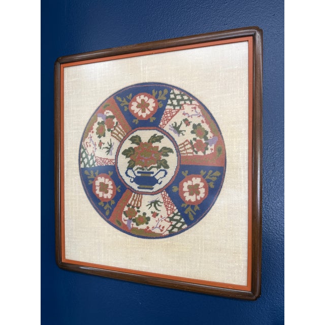 Vintage Needlepoint Art With Japanese Imari Motif, Beautifully Framed For Sale - Image 4 of 8