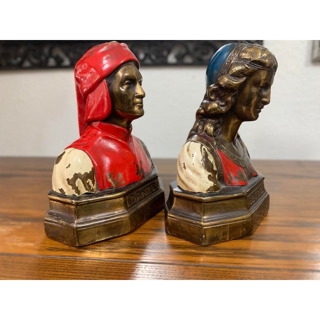 Beautiful antique figural bookends depicting Dante and Beatrice, inspired by the legendary literary romance from The...