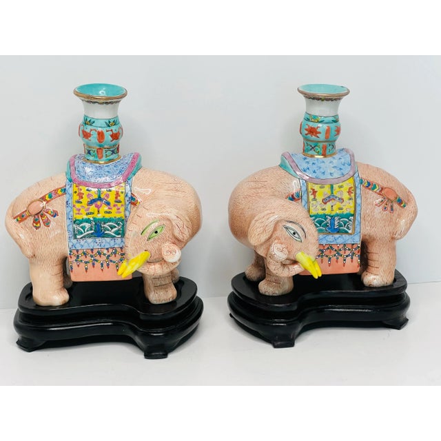 Chinoiserie Mottahedeh Famille Rose Enameled Elephant Candle Holders on Plinth a Pair For Sale - Image 3 of 12