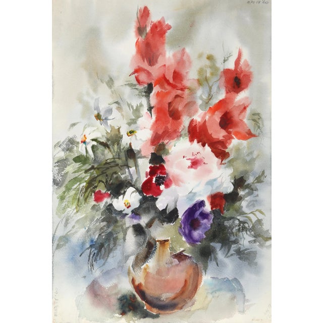 Pouring over the edge of the copper vase, the flourishing arrangement is rendered in the classic Impressionistic style...