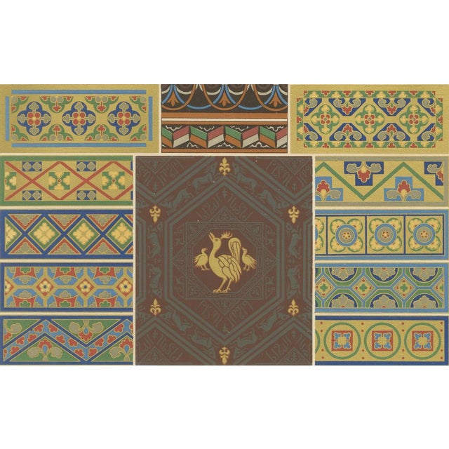 After Racinet, Middle Ages Decorative Motifs Gothic Tile and Border Designs, 1869, Print For Sale - Image 4 of 10