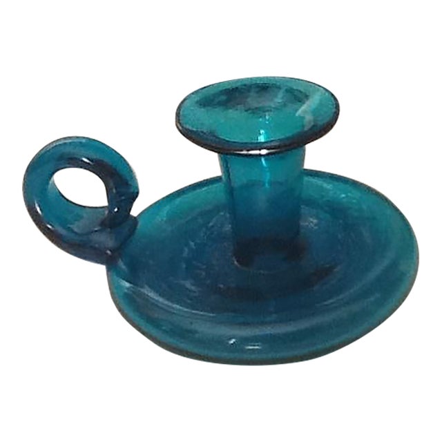 Vintage Teal Glass Colonial Chamber Candlestick Holder For Sale