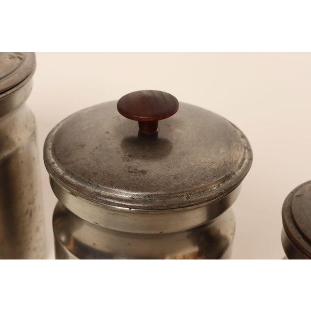 Set of Four Vintage Portuguese Metal and Teak Lidded Graduated Nesting Canisters / Jars by Tagus For Sale - Image 9 of 18