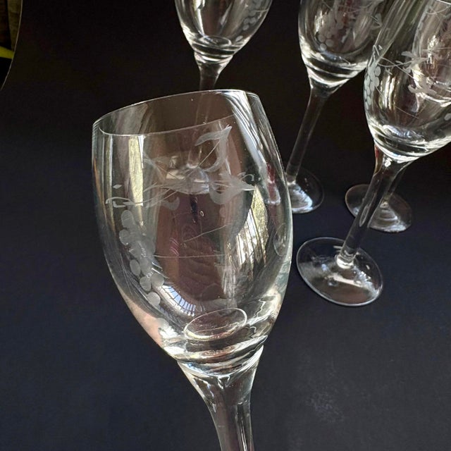 Vintage Handmade Etched Grapevine Tulip-Stem Wine Glasses – Set of 5 For Sale - Image 10 of 11