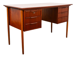 Mid Century Danish Modern Desk Executive Teak 6 Drawer Lock Floating MCM