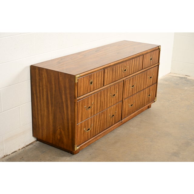 Drexel Heritage Drexel Heritage Mid-Century Modern Hollywood Regency Campaign Walnut Dresser or Credenza, 1970s For Sale - Image 4 of 16