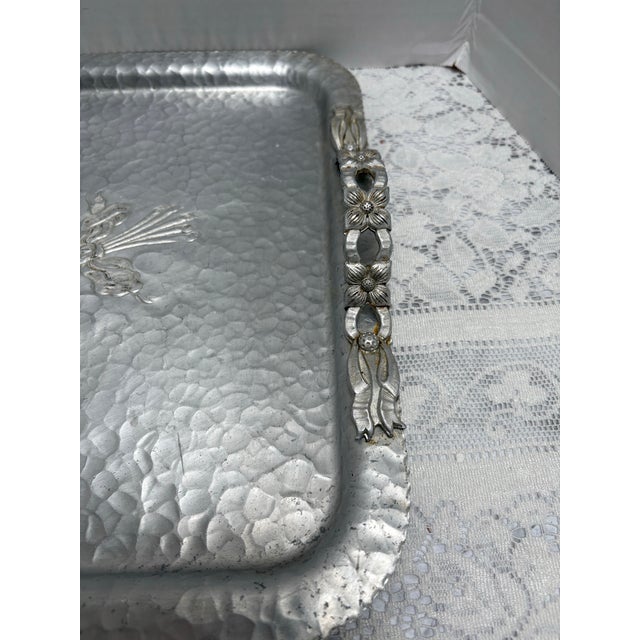 Silver Vintage 1940s Tulip Etched Metal Serving Tray For Sale - Image 8 of 8