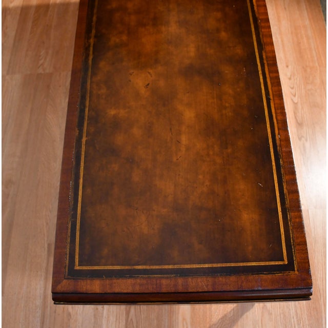 1930s Weiman English Regency Flame Mahogany Inlay Leather Top Drop Leaf Coffee Table For Sale - Image 13 of 18