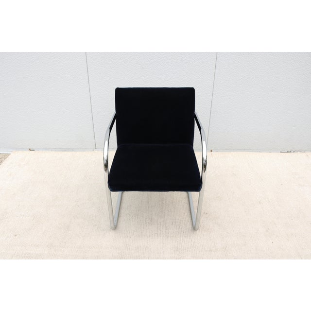 Gordon International Ludwig Mies Van Der Rohe Brno Tubular Chair in Navy Blue Velvet Fabric by Gordon For Sale - Image 4 of 14