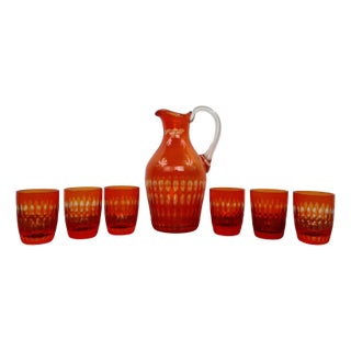 Art Deco Red Crystal Glass Drinking Set from Bohemia, 1950s, Set of 7 For Sale