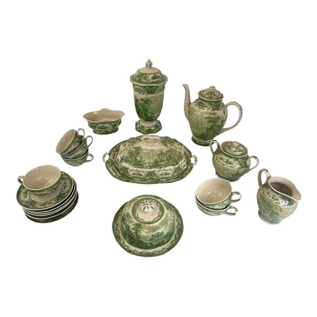 Late 20th Century Italian Reproduction Green and White China Tea Set - 24 Pieces For Sale