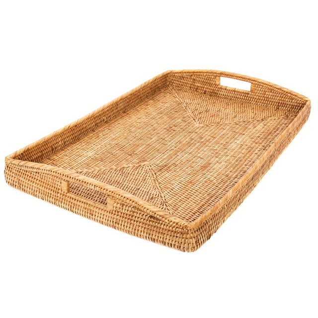 Wood Artifacts Rattan Rectangular Ottoman Tray with High Handles in Honey Brown - 28" For Sale - Image 7 of 7