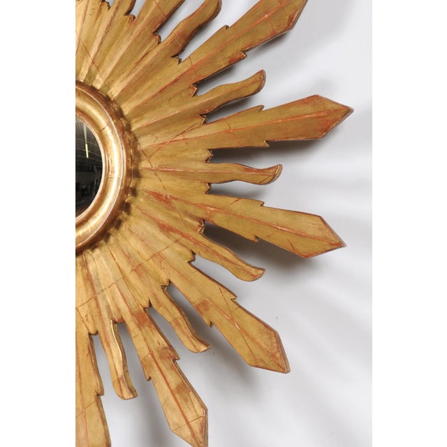 Wood Large Vintage French Midcentury Sunburst with Small Convex Mirror Plate For Sale - Image 7 of 11