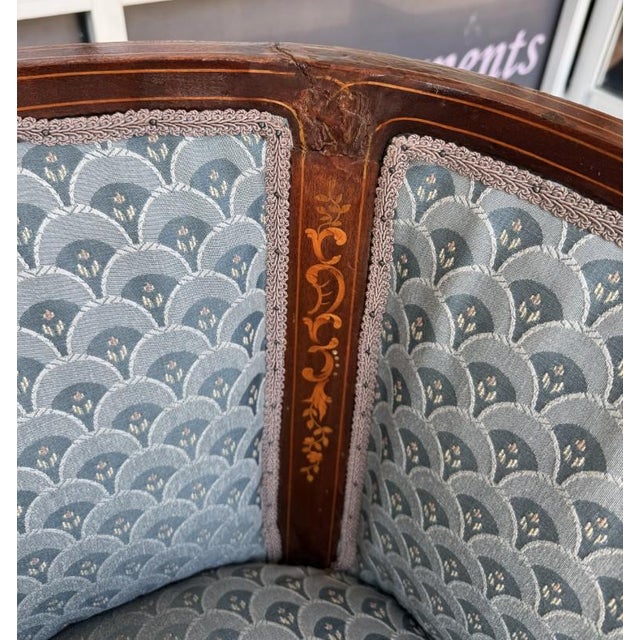 Early 20th Century Inlaid Barrel Back Chair With Scalloped Blue Upholstery For Sale - Image 11 of 14