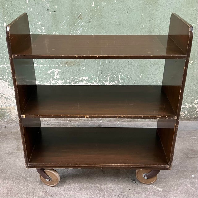 1940s Vintage Gaylord Bros Inc Rolling Wood Library Book Cart Bookcase For Sale - Image 5 of 12
