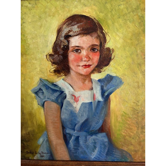 1940 Framed Portrait of a Young Girl in Blue Dress Signed ‘Rachel Bulley Trump’ For Sale - Image 4 of 8