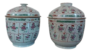 18th 19th Century Chinese Famille Rose Palette Porcelain Jars and Covers - A Pair