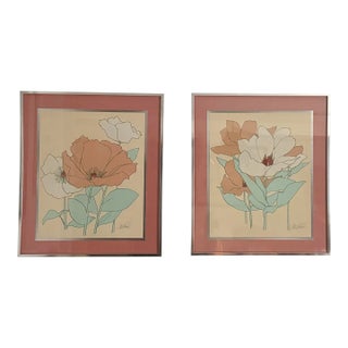 1970s De Jonge Graphic Floral Prints in Chrome Frames, Pair For Sale