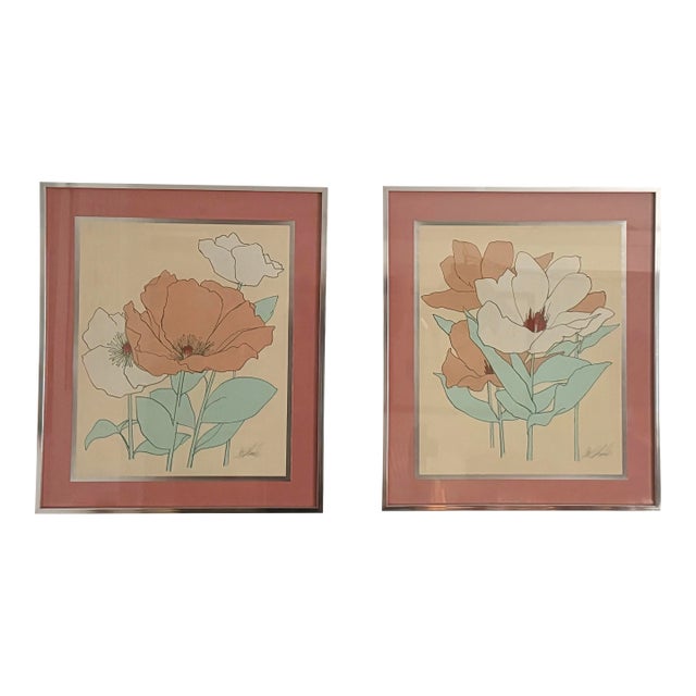 1970s De Jonge Graphic Floral Prints in Chrome Frames, Pair For Sale