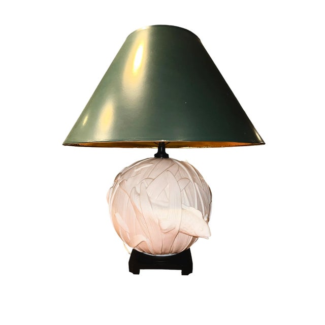 Beautiful vintage coy relief lamps in white plaster with dark green shade. Coy fish appear to be swimming out if the lamp...