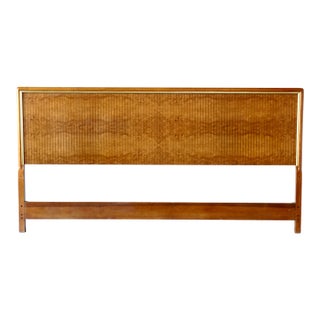 1980's King Size Drexel Mid-Century /Post Modern Modern Headboard in Burlwood, Solid Oak, and Brass For Sale