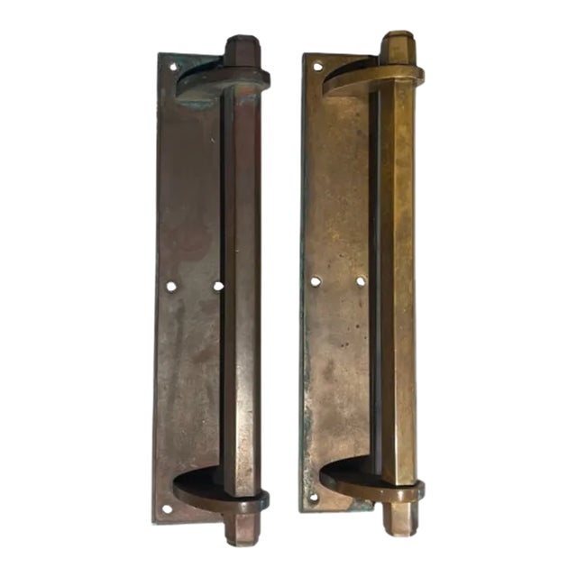 Pair of Large Hexagon Bronze Handles From NYC Hotel Entrance, Early 1900's For Sale
