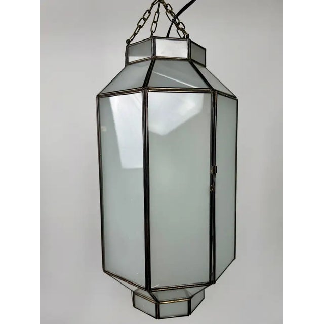 Art Deco Style Frosted White Milk Glass & Bronze Octagonal Pendant, a Pair For Sale In New York - Image 6 of 12